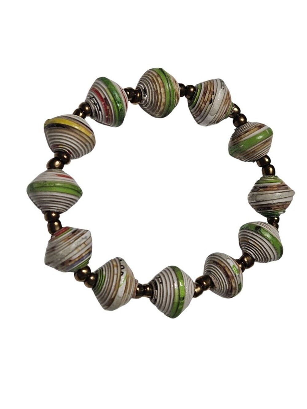 Handcrafted Recycled Paper Bead Bracelet Green Yellow Accents Eco Friendly Women